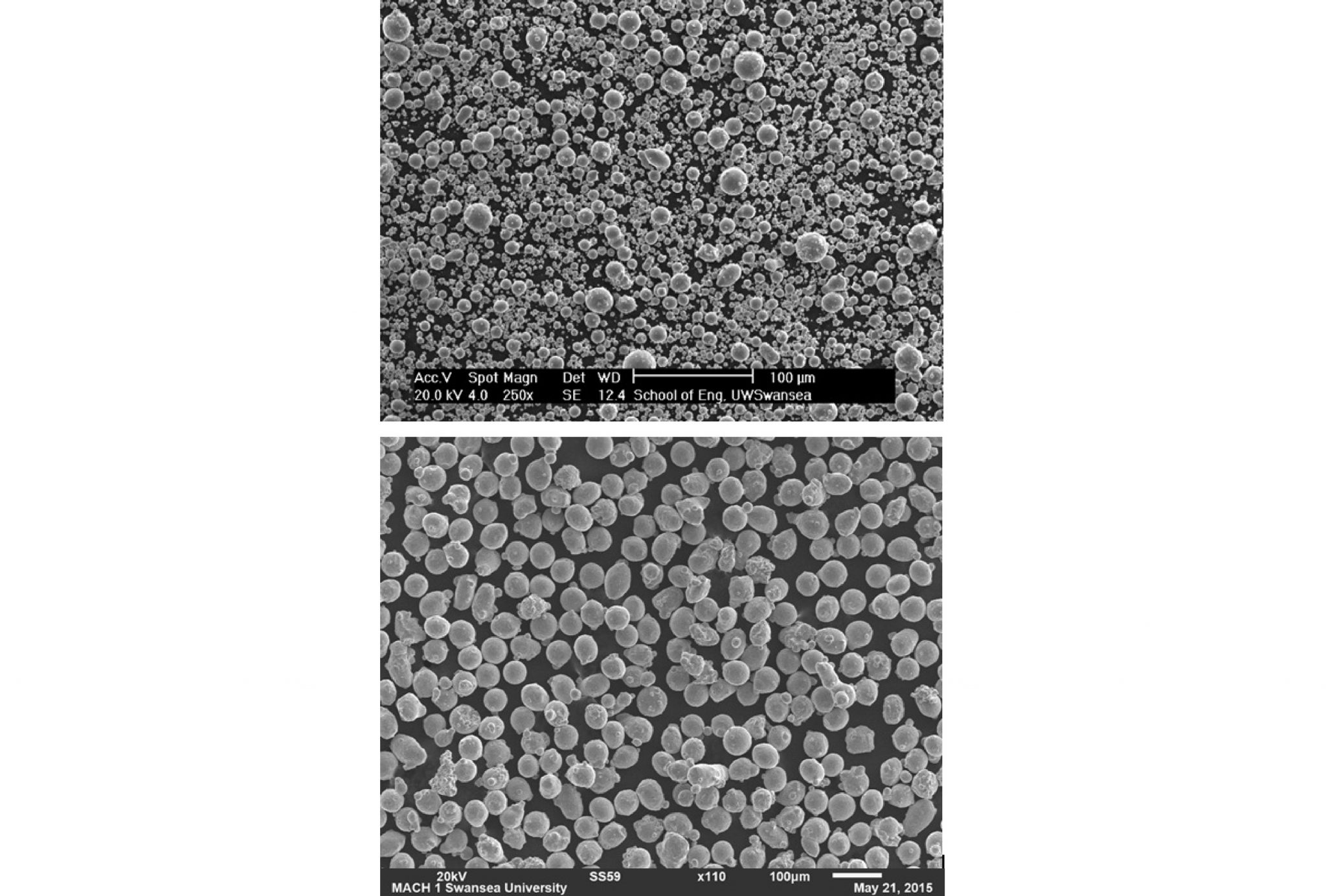 山特维克鱼鹰气体雾化金属粉末的扫描电镜图像。顶部:用于MIM的不锈钢粉末。底部精制，更均匀的不锈钢增材制造。图片来自山特维克鱼鹰