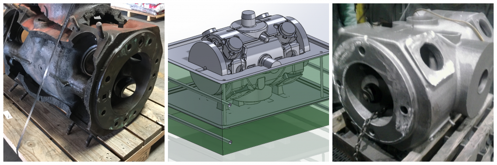 从左到右:旧的MW Smith泵，CAD渲染，以及在ExOne 3D打印砂模的帮助下铸造的新泵。图片和照片通过ExOne
