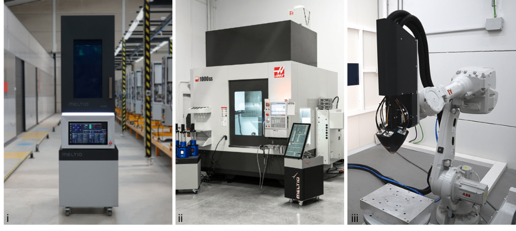 Meltio’s M450 (i) and Engine CNC and robot integration solutions (ii & iii). Photos via Meltio.